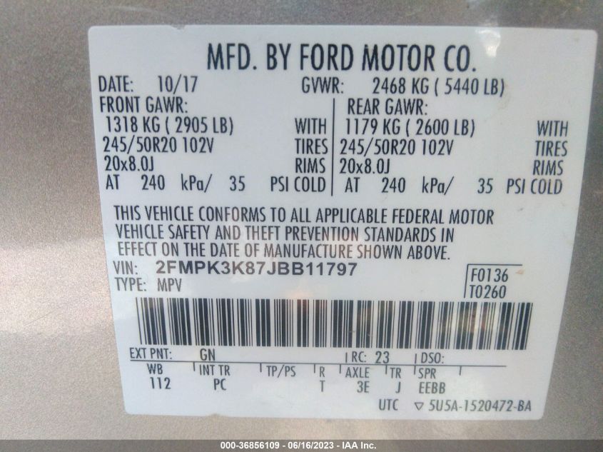 2FMPK3K87JBB11797 2018 FORD EDGE, photo no. 9