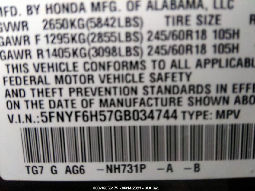 2016 HONDA PILOT EX-L - 5FNYF6H57GB034744