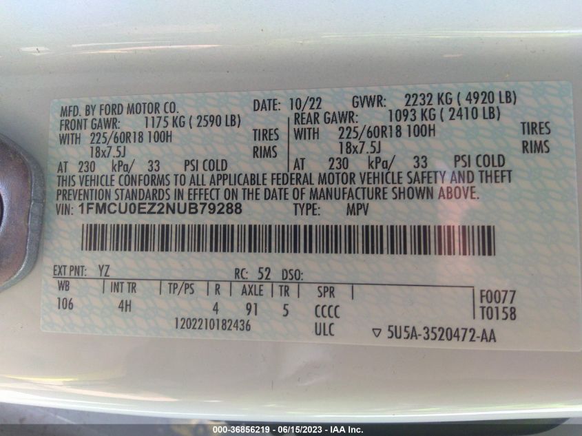 2022 FORD ESCAPE SE - 1FMCU0EZ2NUB79288
