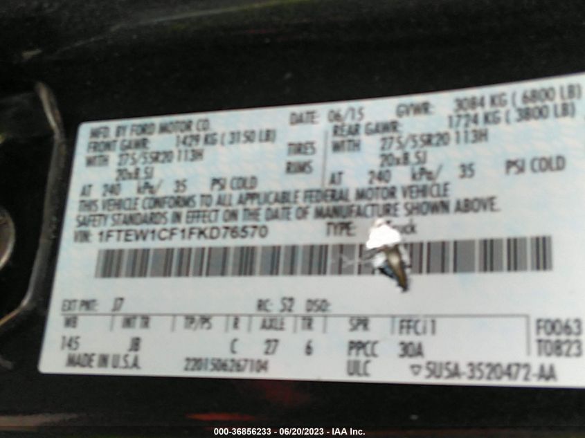2015 FORD F-150 XL/LARIAT - 1FTEW1CF1FKD76570