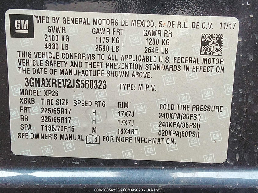 VIN 3GNAXREV2JS560323 2018 CHEVROLET EQUINOX LS