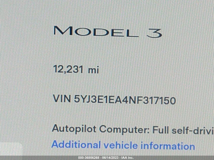 2022 TESLA MODEL 3 - 5YJ3E1EA4NF317150