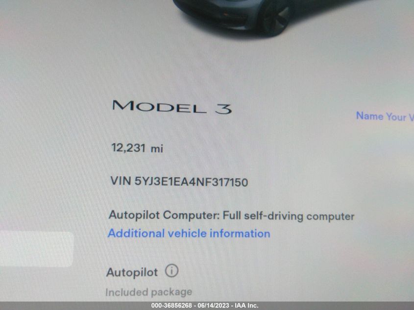 2022 TESLA MODEL 3 - 5YJ3E1EA4NF317150
