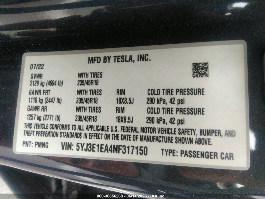 2022 TESLA MODEL 3 - 5YJ3E1EA4NF317150