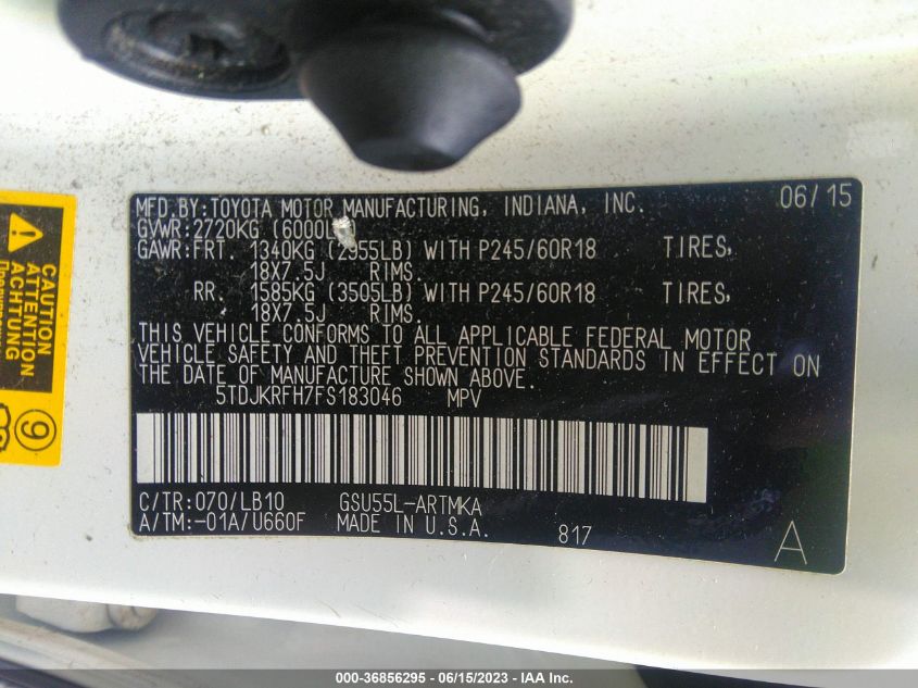 2015 TOYOTA HIGHLANDER XLE - 5TDJKRFH7FS183046