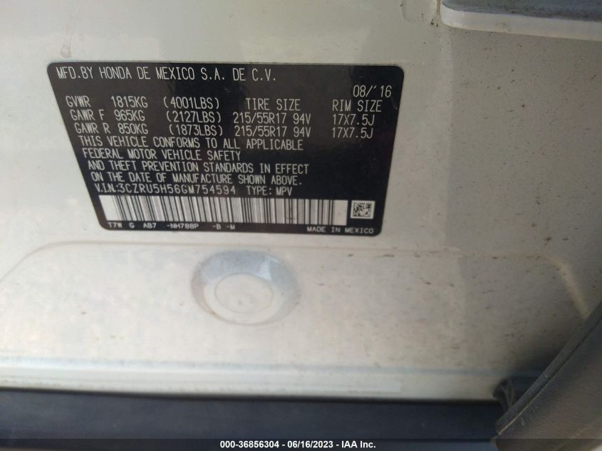 2016 HONDA HR-V EX - 3CZRU5H56GM754594