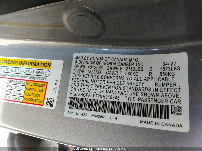 2022 HONDA CIVIC SEDAN EX - 2HGFE1F72NH319345