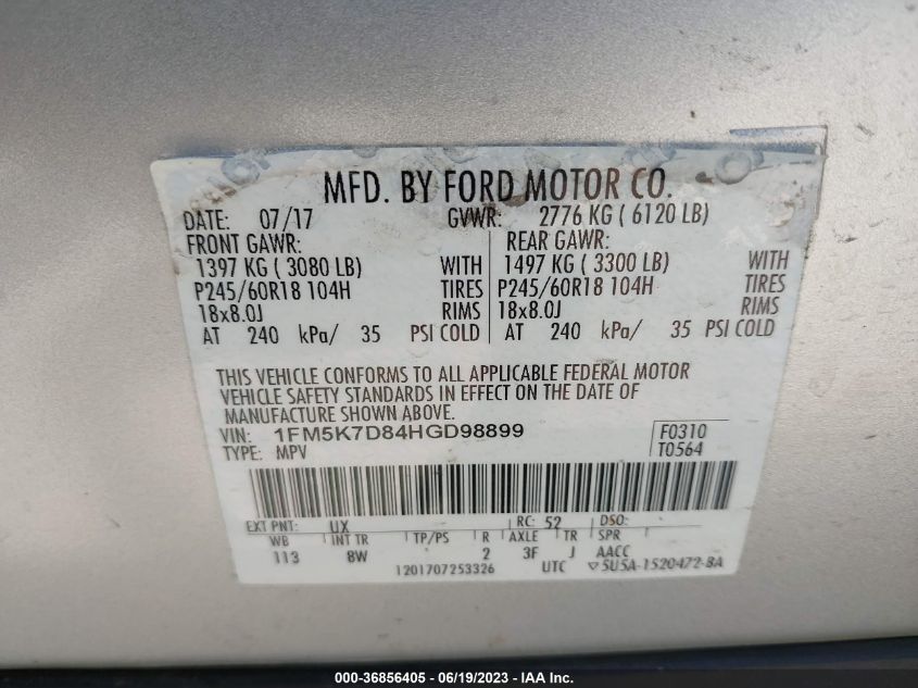 2017 FORD EXPLORER XLT - 1FM5K7D84HGD98899