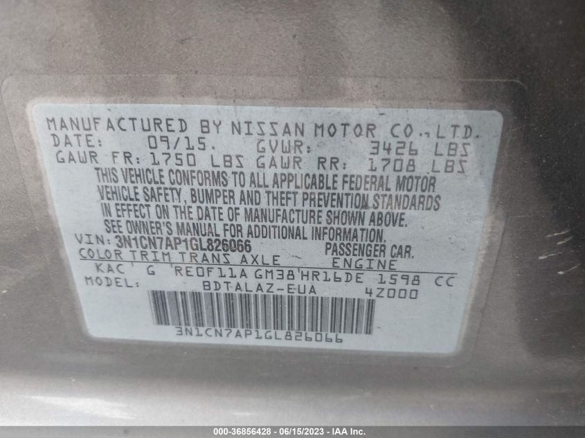 2016 NISSAN VERSA S PLUS - 3N1CN7AP1GL826066