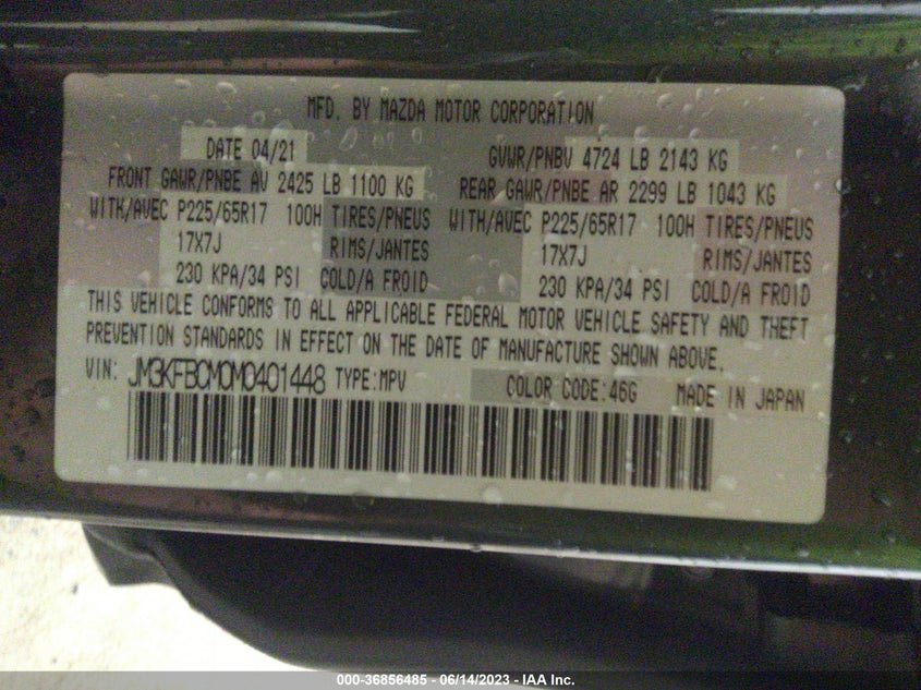 VIN JM3KFBCM0M0401448 2021 MAZDA CX-5 TOURING