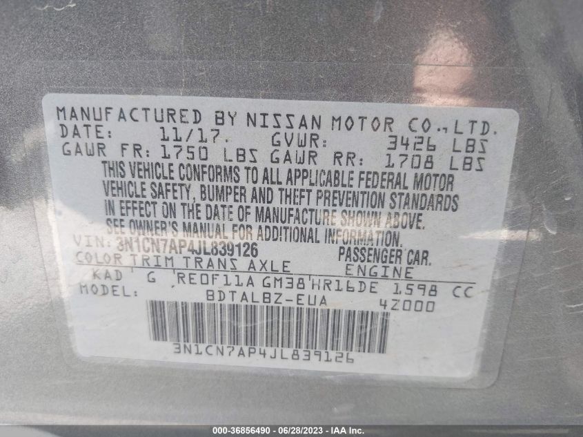 2018 NISSAN VERSA SEDAN SV - 3N1CN7AP4JL839126