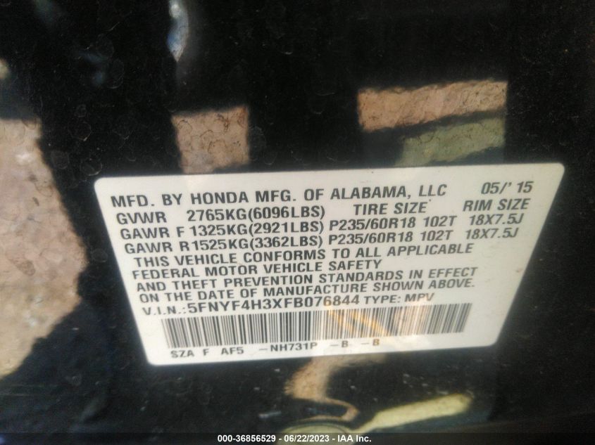 2015 HONDA PILOT SE - 5FNYF4H3XFB076844