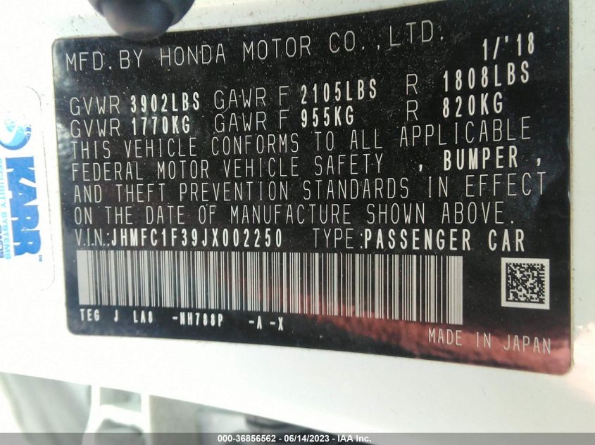 2018 HONDA CIVIC SEDAN EX-T - JHMFC1F39JX002250