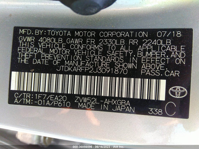 VIN JTDKARFP2J3091870 2018 TOYOTA PRIUS PRIME PLUS/PREMIUM/ADVANCED