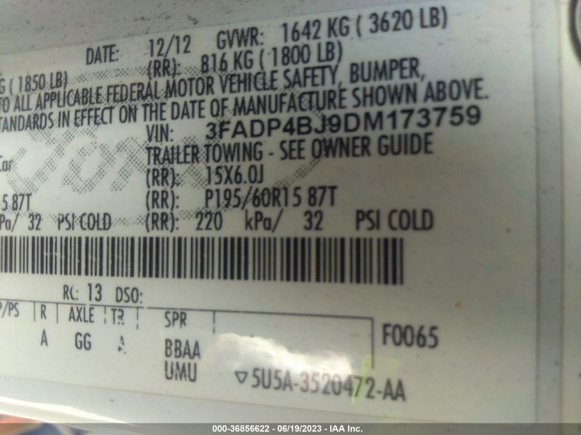 2013 FORD FIESTA SE - 3FADP4BJ9DM173759