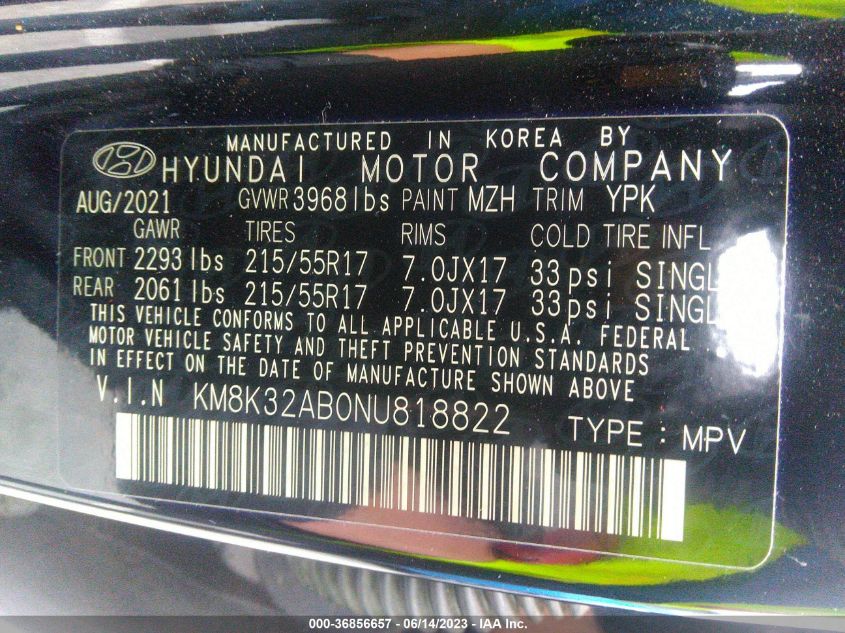 2022 HYUNDAI KONA SEL - KM8K32AB0NU818822