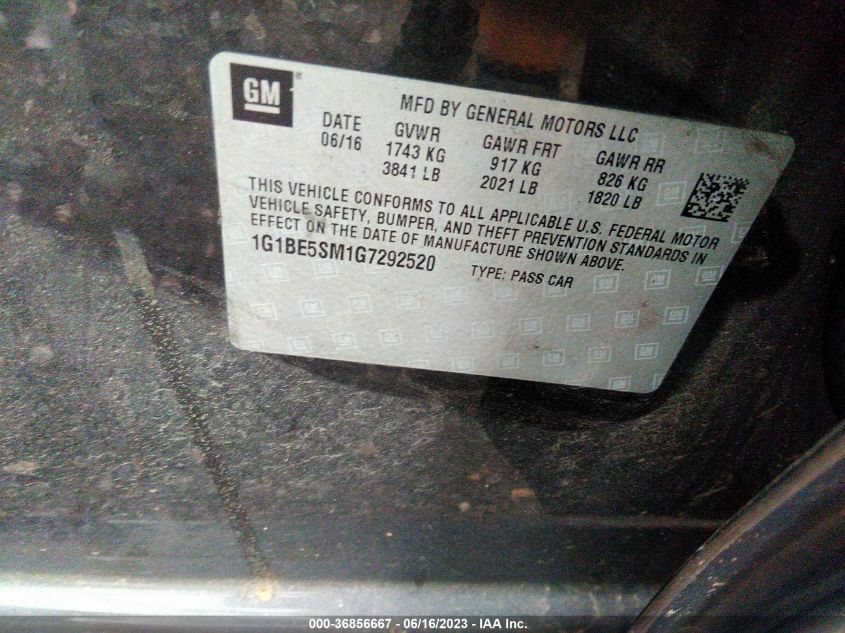 2016 CHEVROLET CRUZE LT - 1G1BE5SM1G7292520