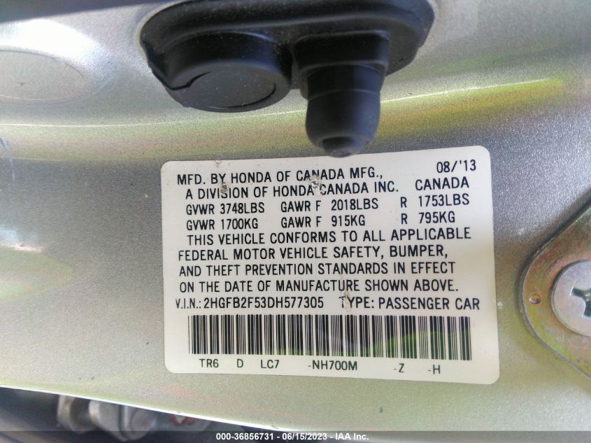2013 HONDA CIVIC SDN LX - 2HGFB2F53DH577305