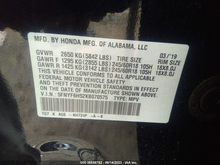 2019 HONDA PILOT EX-L - 5FNYF6H52KB070575