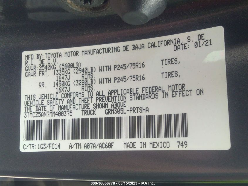 2021 TOYOTA TACOMA 4WD SR/SR5/TRD SPORT - 3TMCZ5AN7MM400375