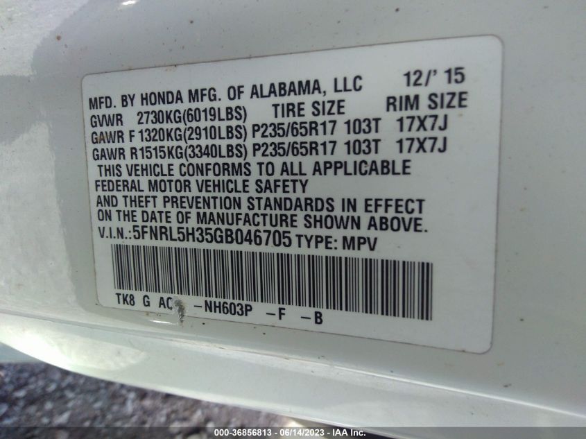 2016 HONDA ODYSSEY SE - 5FNRL5H35GB046705