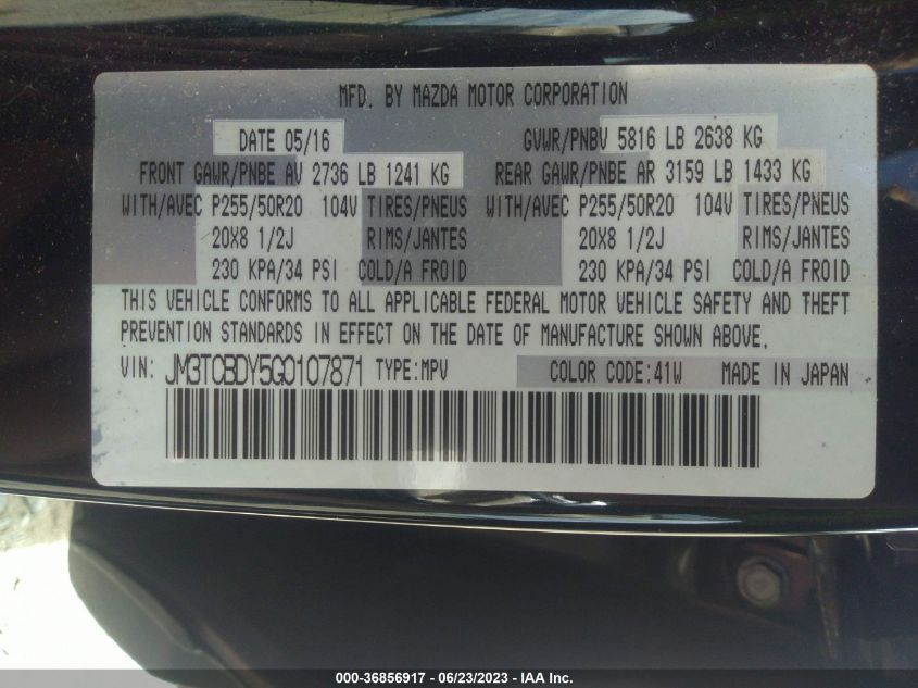 2016 MAZDA CX-9 GRAND TOURING - JM3TCBDY5G0107871