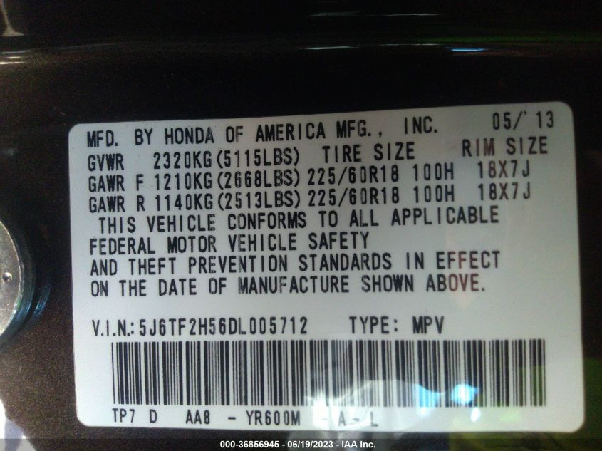 2013 HONDA CROSSTOUR EX-L - 5J6TF2H56DL005712