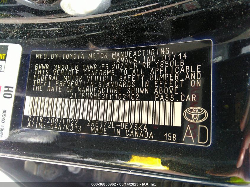 2014 TOYOTA COROLLA L/LE/S/S PLUS/LE PLUS - 2T1BURHE3EC102102
