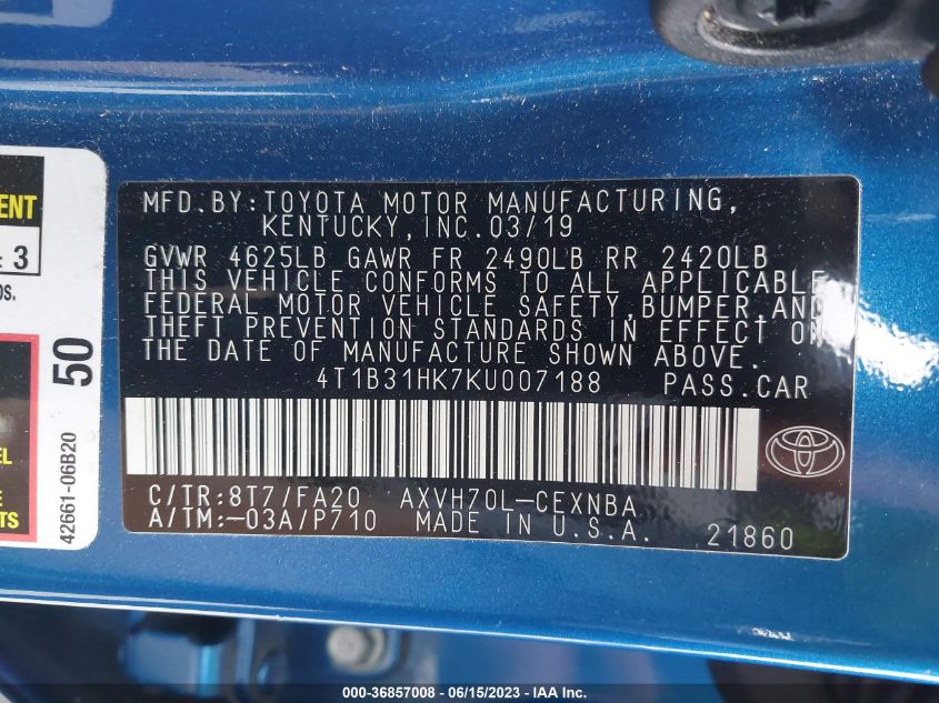 2019 TOYOTA CAMRY HYBRID - 4T1B31HK7KU007188