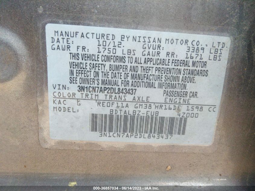 2013 NISSAN VERSA SV - 3N1CN7AP2DL843437