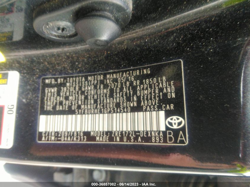 2016 TOYOTA COROLLA LE - 5YFBURHE1GP514540