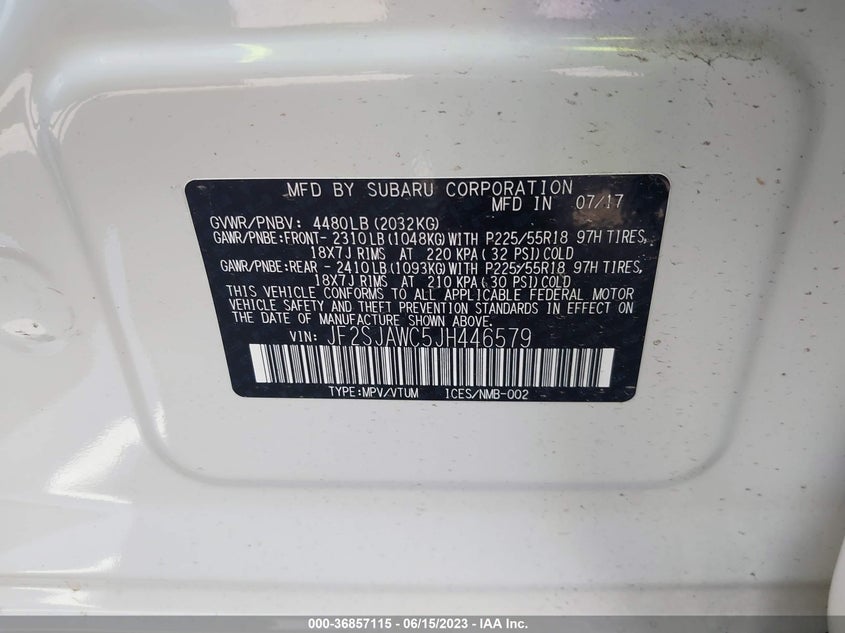 VIN JF2SJAWC5JH446579 2018 SUBARU FORESTER 2.5I TOURING