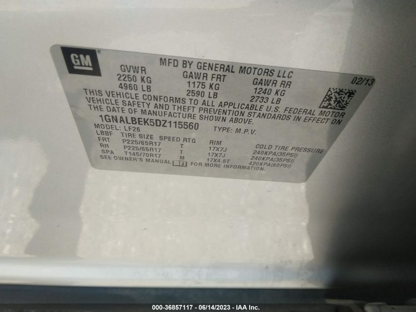 2013 CHEVROLET EQUINOX LS - 1GNALBEK5DZ115560