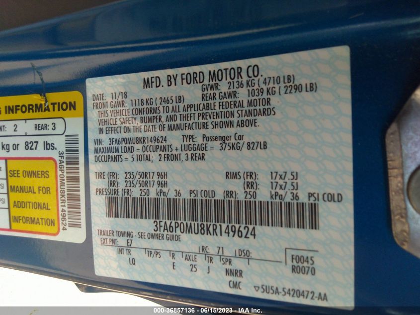 2019 FORD FUSION HYBRID SEL - 3FA6P0MU8KR149624