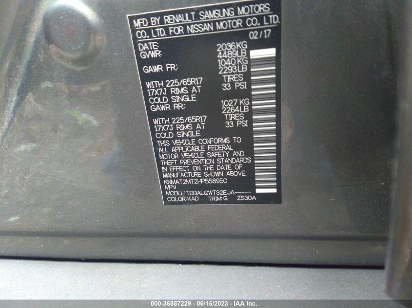 2017 NISSAN ROGUE S/SV - KNMAT2MT2HP558950