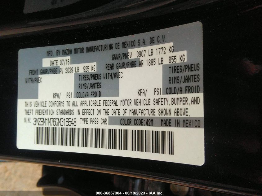 2016 MAZDA MAZDA3 I TOURING - 3MZBM1M76GM316548