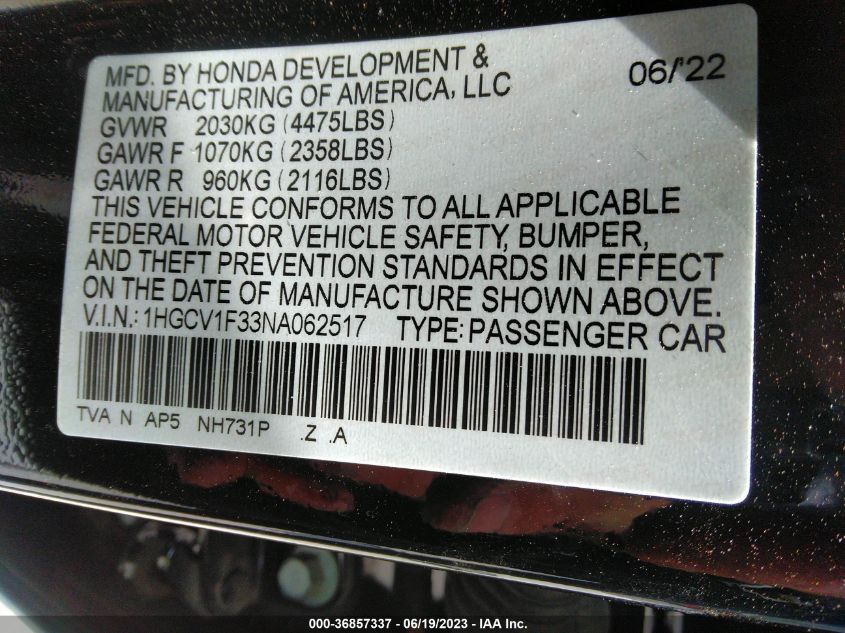 2022 HONDA ACCORD SEDAN SPORT - 1HGCV1F33NA062517