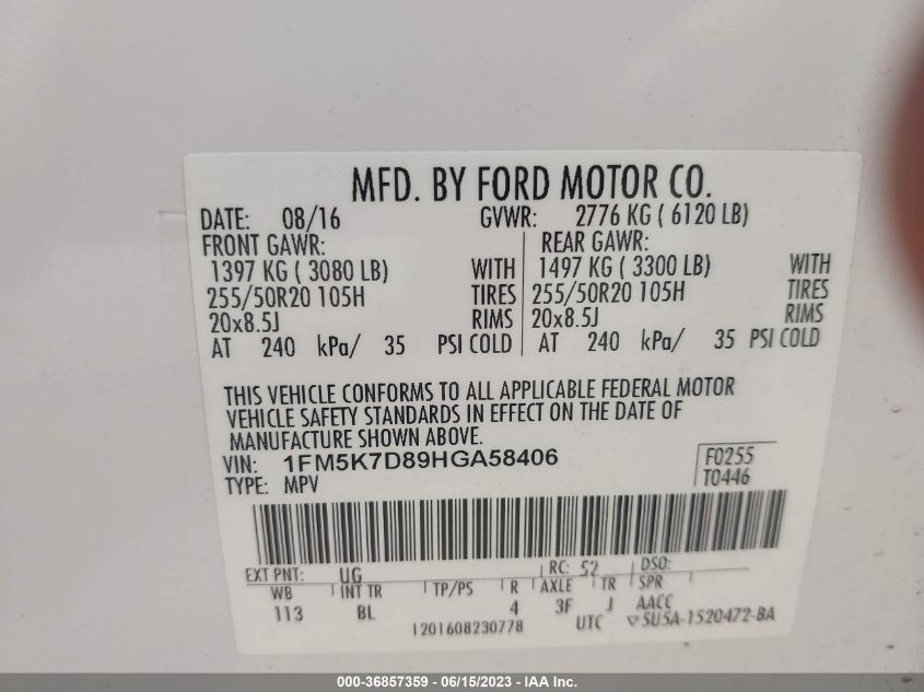 2017 FORD EXPLORER XLT - 1FM5K7D89HGA58406
