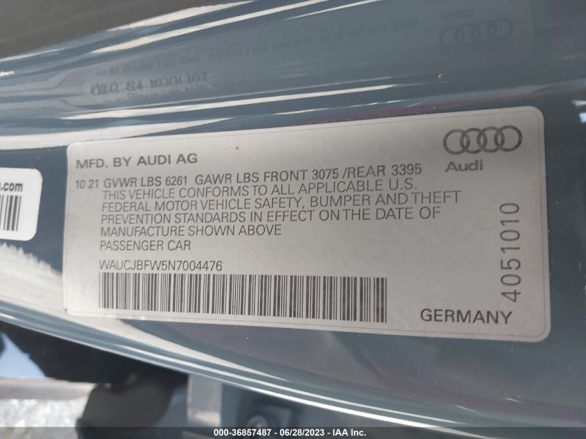 2022 AUDI E-TRON GT PREMIUM PLUS WAUCJBFW5N7004476