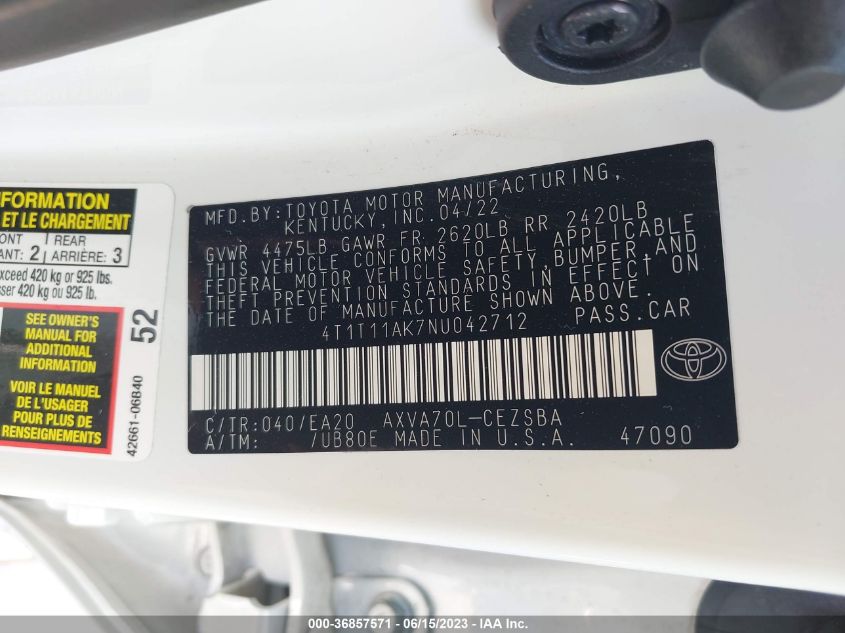 2022 TOYOTA CAMRY SE/NIGHT SHADE - 4T1T11AK7NU042712