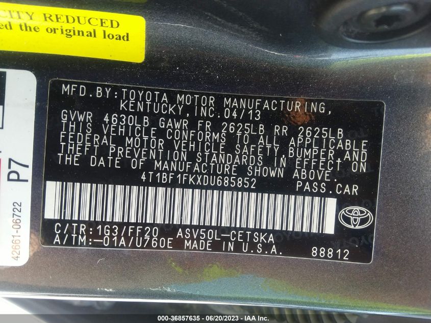 2013 TOYOTA CAMRY L/LE/SE/XLE - 4T1BF1FKXDU685852