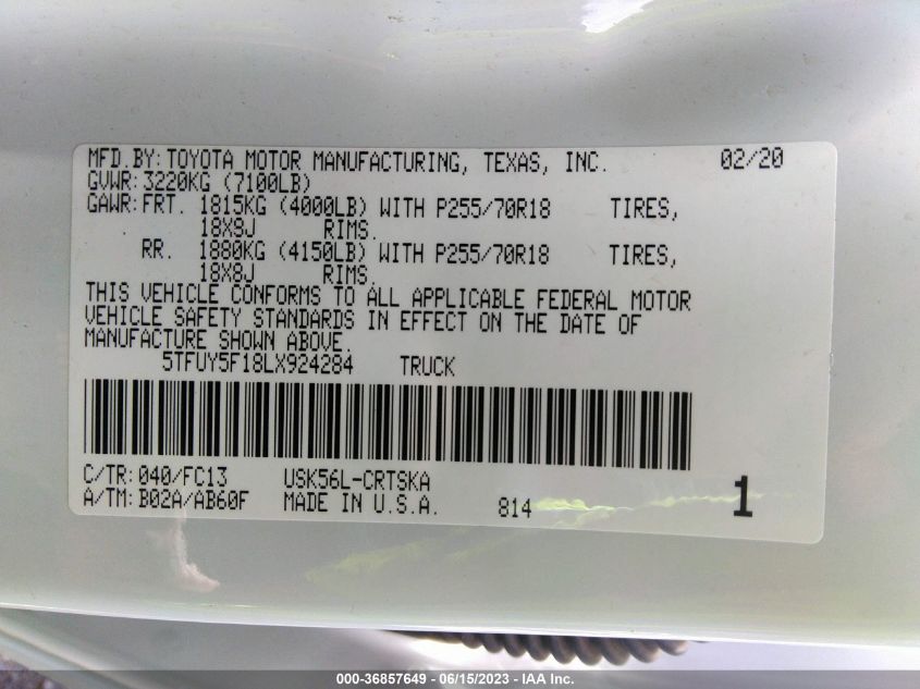 2020 TOYOTA TUNDRA 4WD SR/SR5/TRD PRO - 5TFUY5F18LX924284