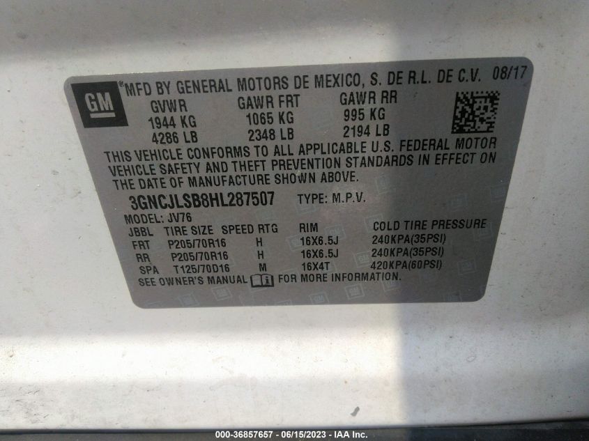 2017 CHEVROLET TRAX LT - 3GNCJLSB8HL287507