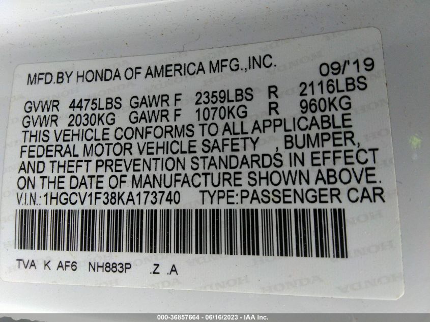 2019 HONDA ACCORD SEDAN SPORT 1.5T - 1HGCV1F38KA173740