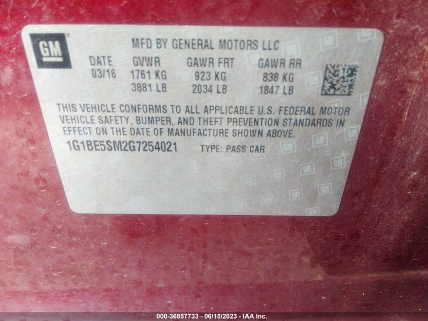 2016 CHEVROLET CRUZE LT - 1G1BE5SM2G7254021