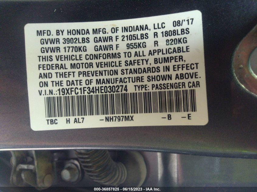 2017 HONDA CIVIC SEDAN EX-T - 19XFC1F34HE030274