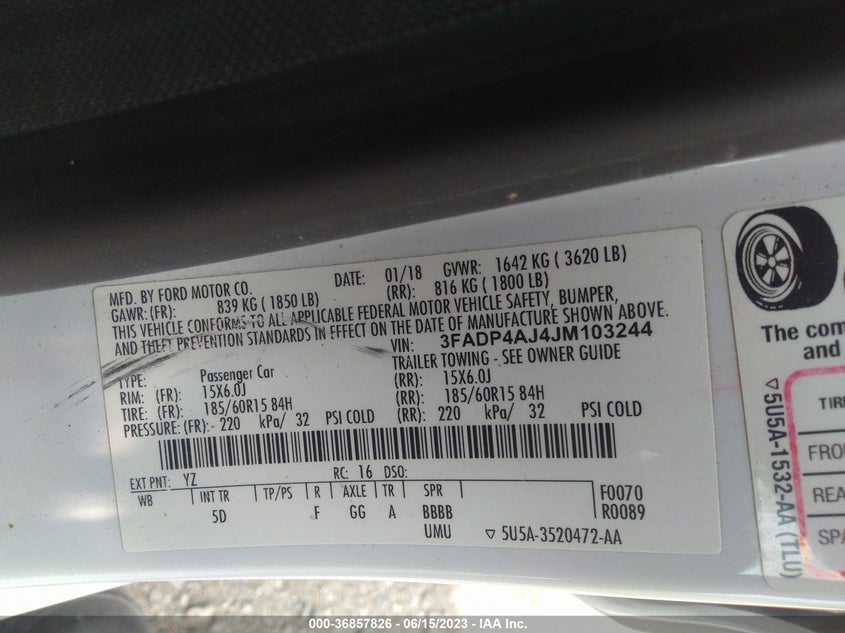 VIN 3FADP4AJ4JM103244 2018 FORD FIESTA S