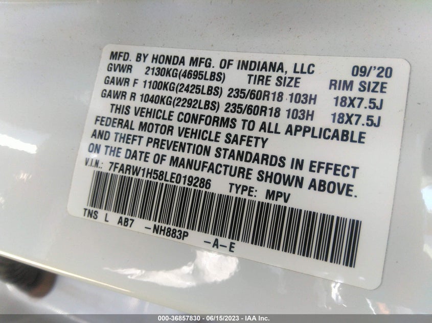 VIN 7FARW1H58LE019286 2020 HONDA CR-V EX