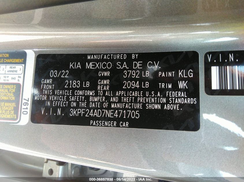 2022 KIA FORTE LXS - 3KPF24AD7NE471705