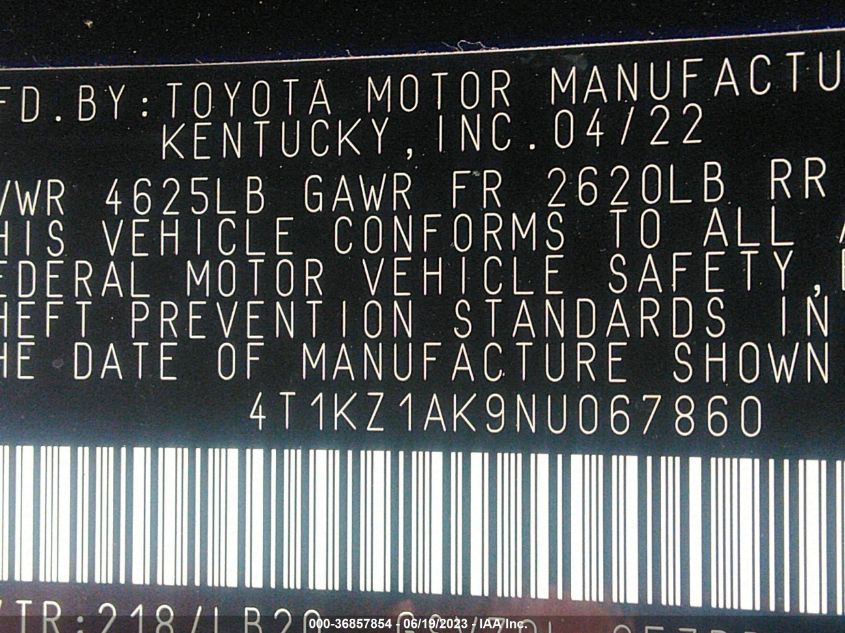2022 TOYOTA CAMRY V6 - 4T1KZ1AK9NU067860